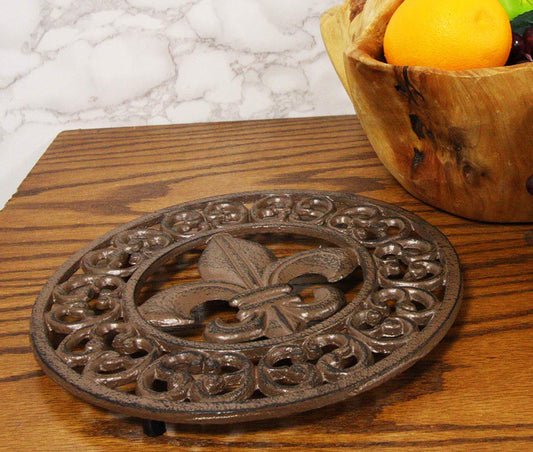 Ebros Rustic Vintage Design Round Fleur De Lis Medallion Cast Iron Trivet 10"Diameter - Ebros Gift