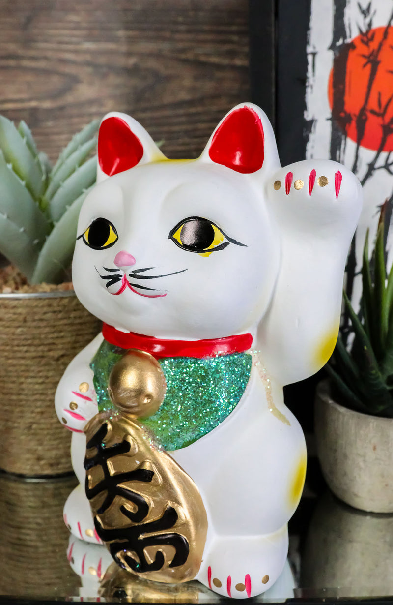 Japanese Luck Fortune Charm White Beckoning Cat Maneki Neko Money Bank Statue