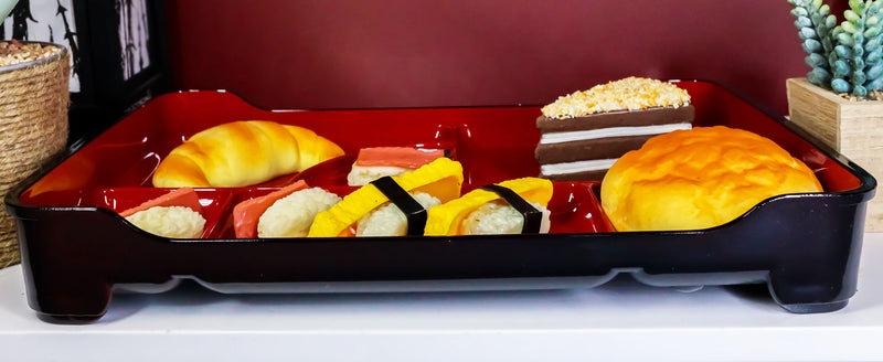 Ebros Red And Black Traditional Japanese Large Bento Box With Dividers 6 Compartments Lacquered Copolymer Plastic Serving or Display Platter Tray 14" by 9.25" Made In Japan Dining Dinner Serveware (1)