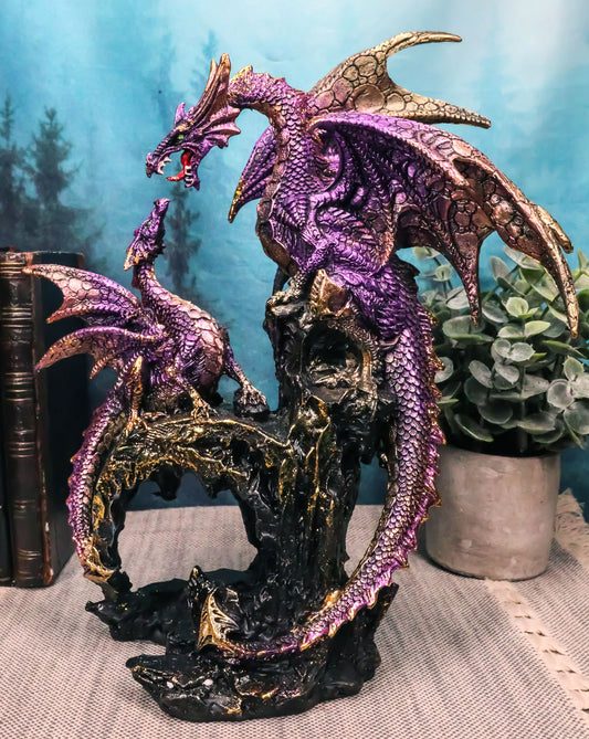 Metallic Purple Mother Dragon With Baby Family Statue 10.5"H Fantasy Home Decor - Ebros Gift