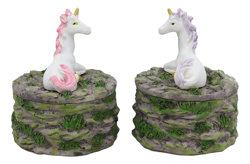 Ebros Pastel Blue And Pink Unicorns Sitting On Stone Garden Jewelry Box Figurines Set