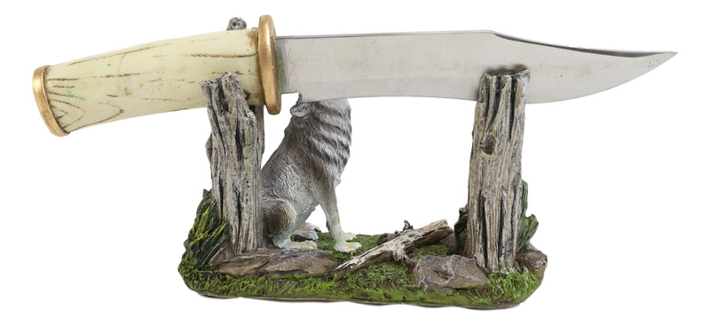 Rustic Forest Howling Gray Wolf Display With Decorative Dagger Knife Statue Set