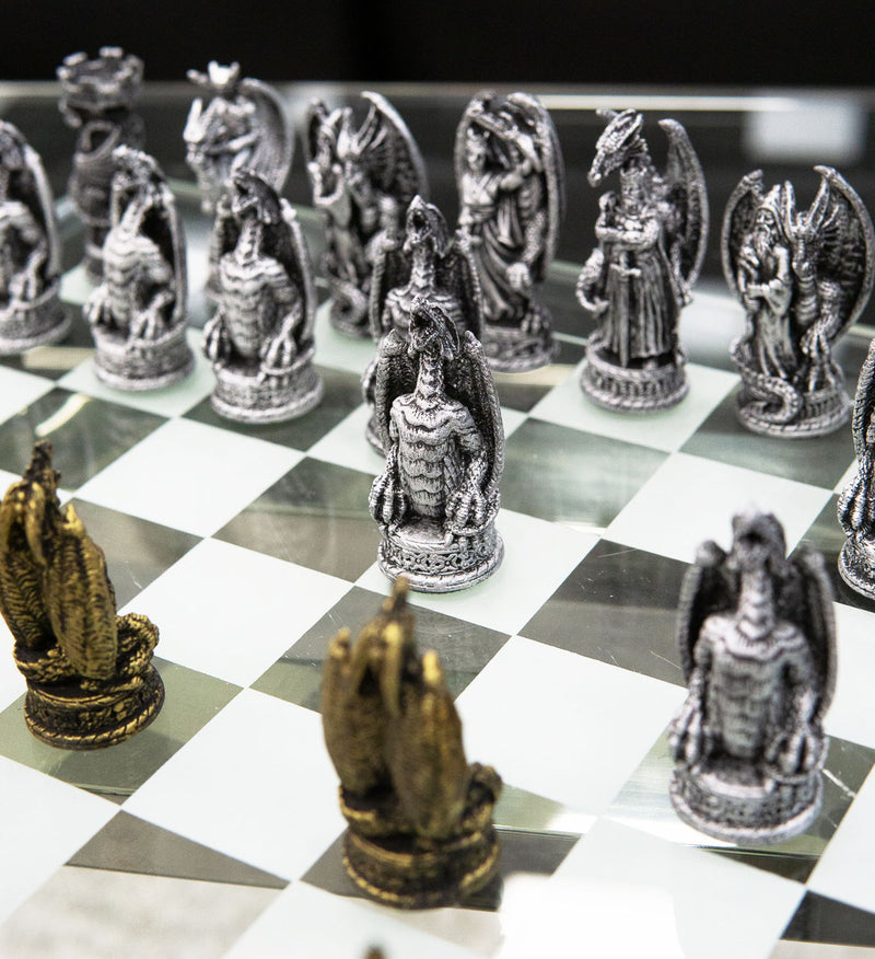 Ebros Silver Gold Fantasy Dungeons And Dragons Resin Chess Pieces With Glass Board Set