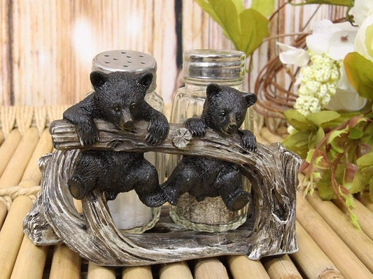 Ebros Rustic 2 Black Bear Cubs On Branch Salt & Pepper Shaker Holder Decor 5" L