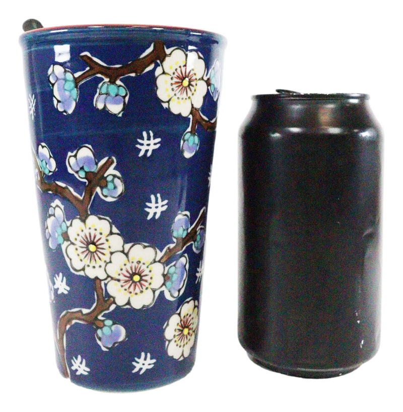 Blue Midnight Cherry Blossoms Ceramic Travel Mug Cup 12oz With Lid Hot Or Cold