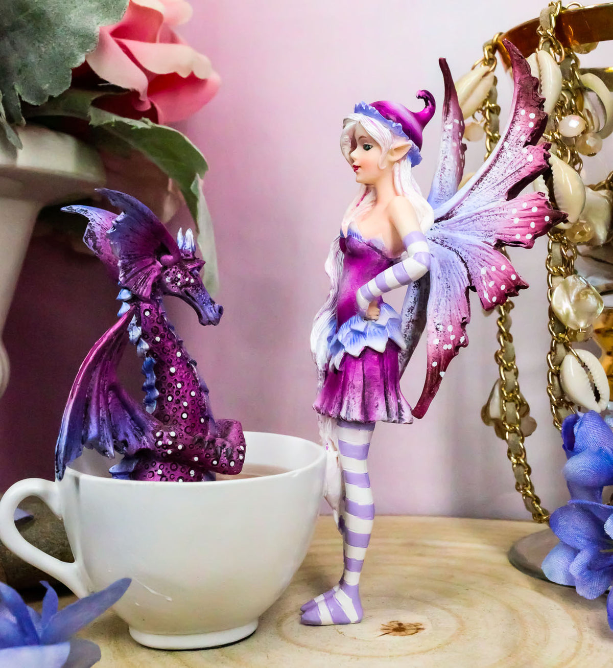 Amy Brown Angry Fairy With Purple Dragon Pet Tea Cup Statue Wake Up Dragon Fairy