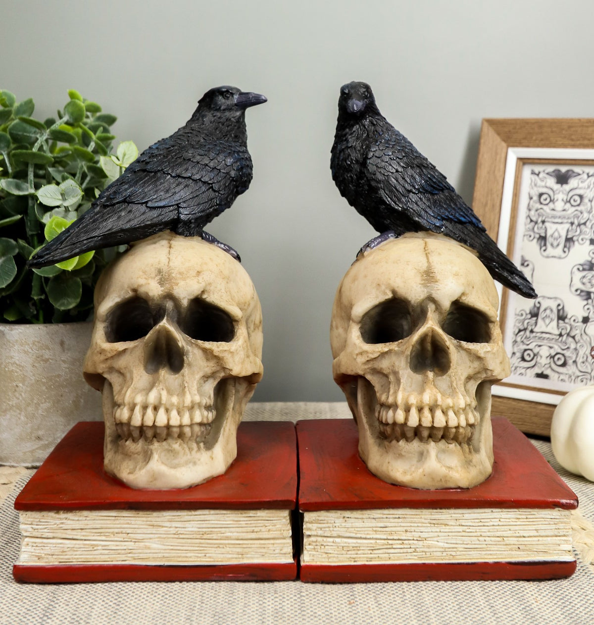Ebros Raven Crow Perching On Skull with Ancient Book Bookends Set 7.5" Tall - Ebros Gift