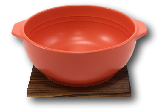 Japanese Red Donabe Ceramic Hot Clay Pot Bowl Casserole 32oz With Wooden Base