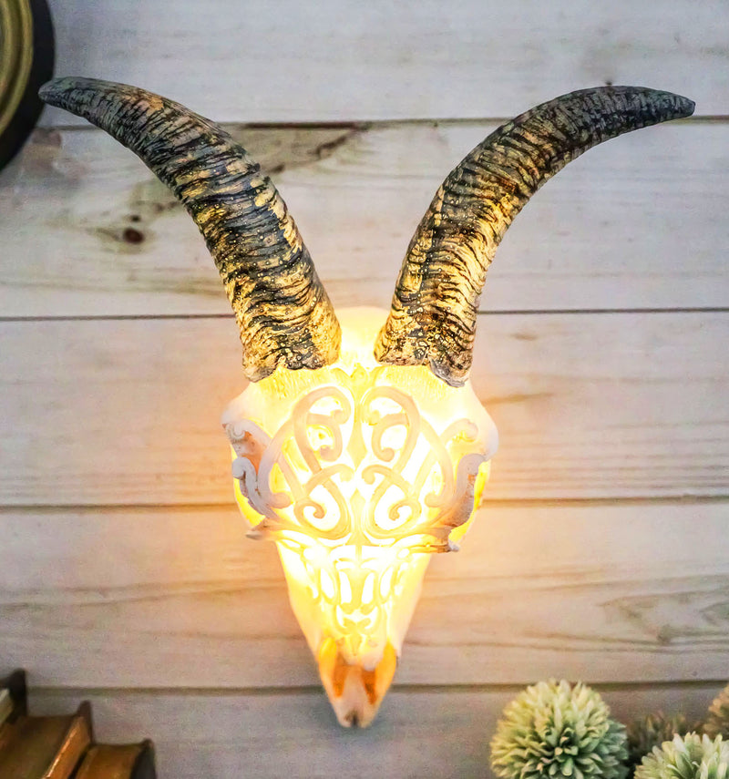Rustic Tooled Filigree Bighorn Sheep Young Ram Skull LED Light Wall Decor Plaque