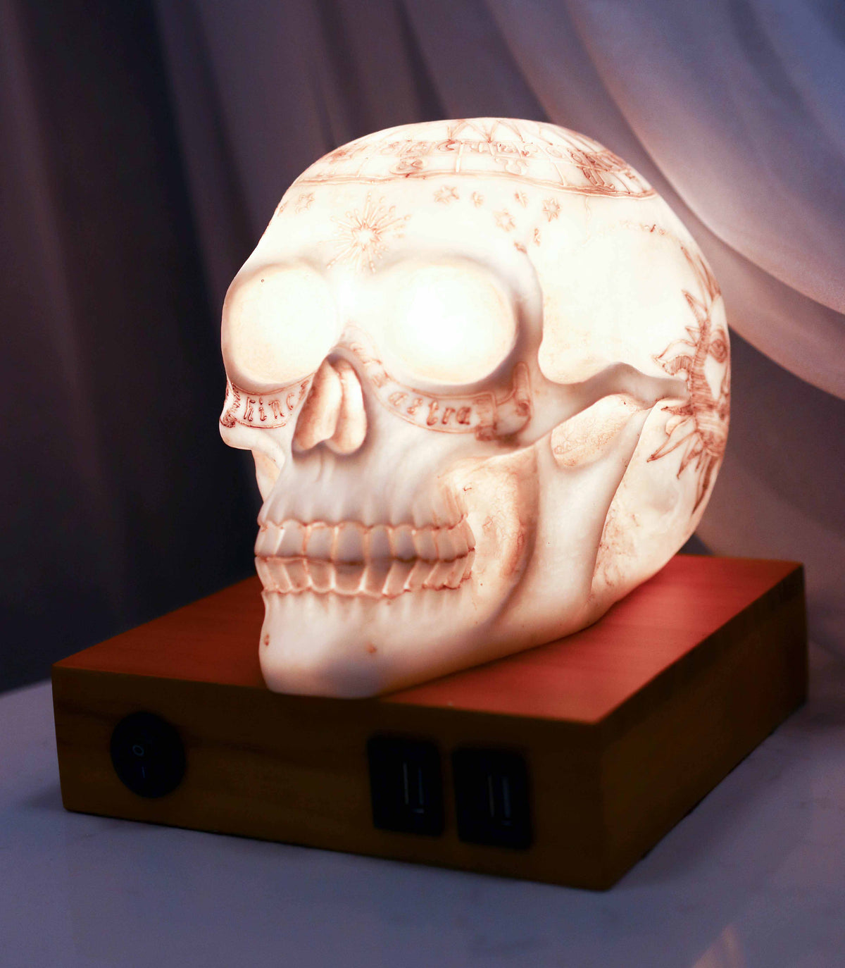Wicca Astrology Zodiac Skull LED Night Light Statue With USB Charging Wood Base