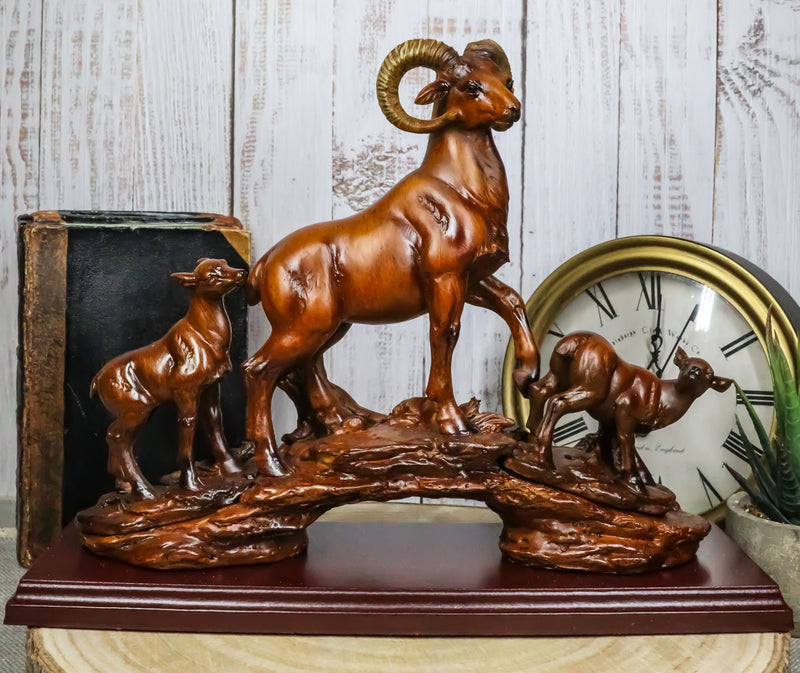 Rustic Country Bighorn Sheep Ram With Lambs On Rock Faux Mahogany Wood Figurine
