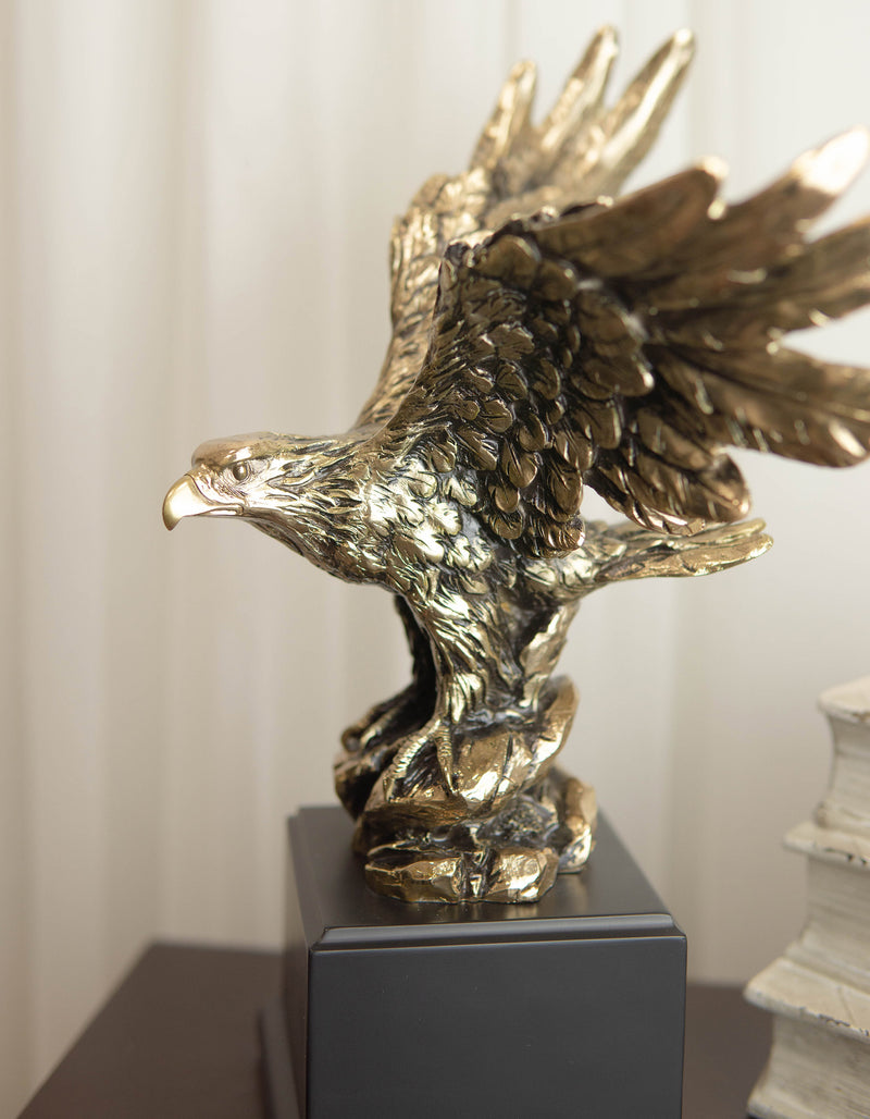 Ebros Majestic Bald Eagle W/ Open Wings On Rock Gold Electroplated Resin Statue 11.5"H