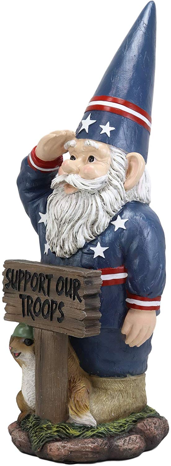 Ebros Gift 17" Tall Americana USA Patriotic Gnome with Pet Squirrel in Military Salute Statue with Support Our Troops Sign American Flag Uniform Druid Dwarf Home Garden Patio Lawn Figurine - Ebros Gift