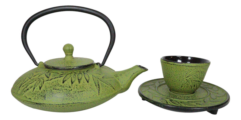 Japanese Evergreen Bamboo Matcha Green Heavy Cast Iron Tea Pot With Trivet and 2 Cups