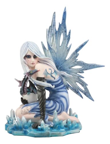 Elemental Ice Goddess Blue Fairy With Baby Dragon Hatchling Statue 12.25"Tall
