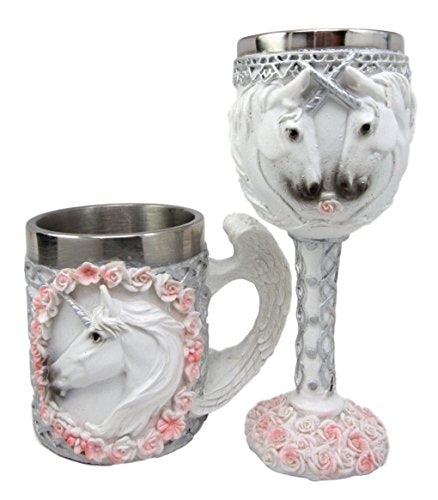 Ebros Unicorn Bridal Wine Goblet Chalice And Beer Coffee Tankard Mug Cup Set - Ebros Gift