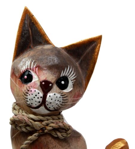 Balinese Wood Handicrafts Adorable Feline Cat With Rope Ribbon Tie Figurine