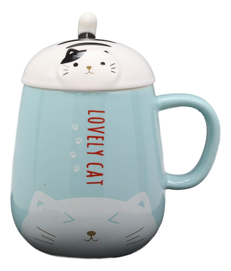 Ebros Lovely Cat Paw Prints With Tuxedo Cat Lid Blue Ceramic Coffee Tea Mug Drink Cup With Striped Cat Tail Spoon 15oz Animal Pets Cats Kittens