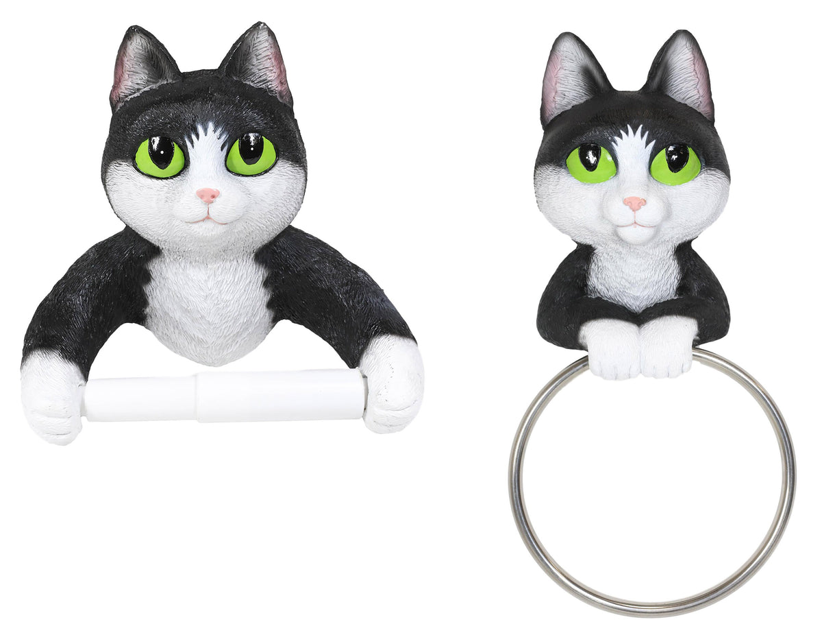 Whimsical Kitten Cat Toilet Paper And Hand Towel Holder Vanity Bathroom Wall Set - Ebros Gift