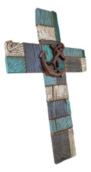 Ebros Nautical Coastal Marine Ship Anchor Faux Distressed Wood Blue Wall Cross Plaque