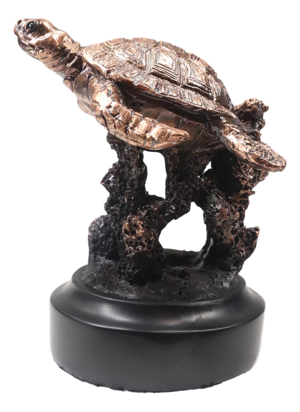 Marine Sea Turtle Swimming By Coral Reef Electroplated Bronze Resin Figurine - Ebros Gift