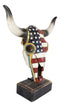 Western Old Faithful Patriotic USA American Flag Cow Skull Desktop Plaque Statue