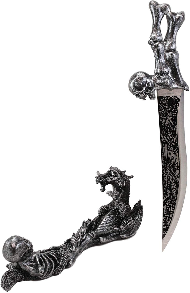 Ebros Gift Obsidian Athame Dragon Blade Letter Opener with Skeleton Base Stand