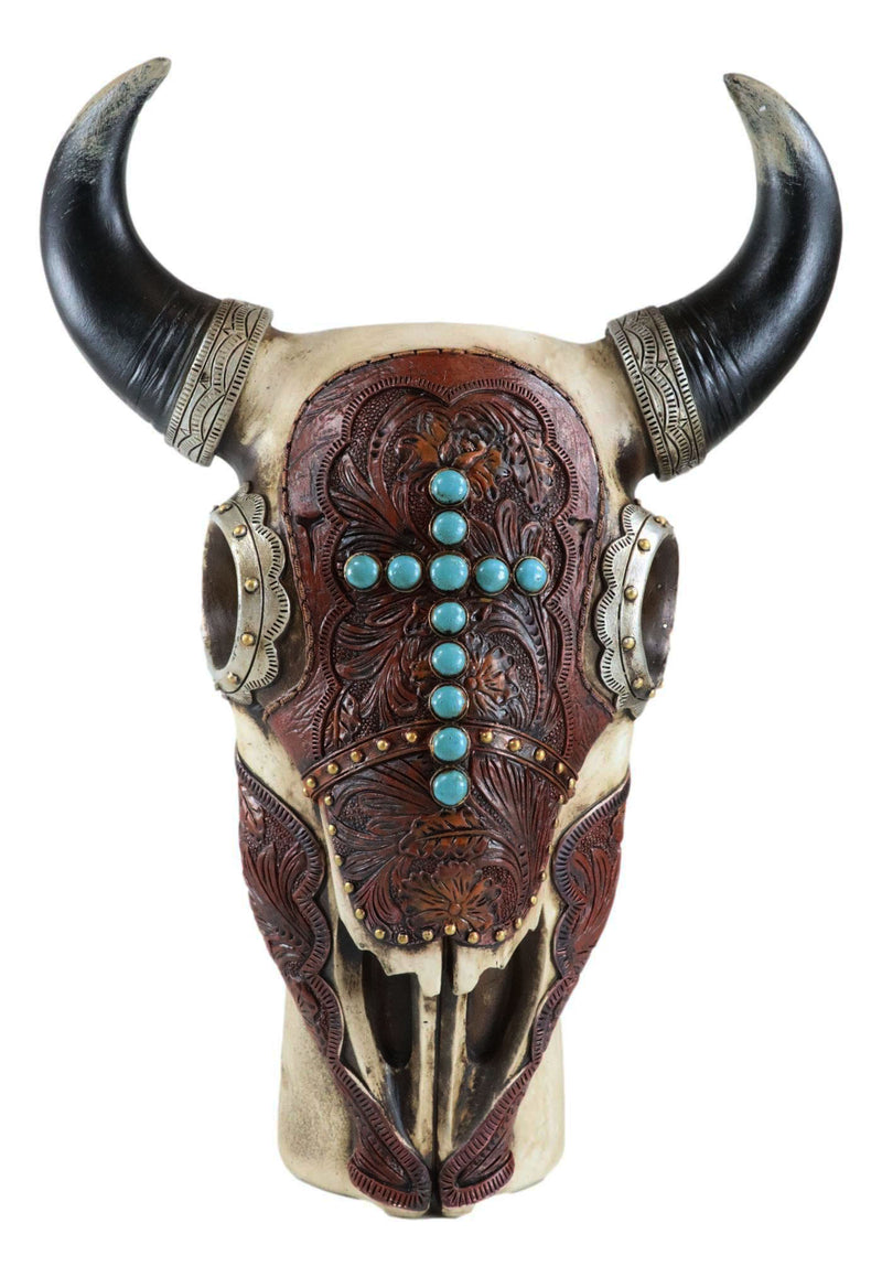 Southwest Cow Skull With Tooled Leather Mask And Turquoise Cross Vase Figurine