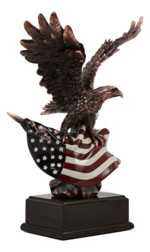Wings of Glory Bald Eagle Clutching On American Flag Statue Bronze Electroplated