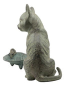 Ebros Verdi Green Aluminum Tom Cat with Mouse Pulling Leaf Bird Feeder Or Bird Bath Statue for Garden Patio Home Decor