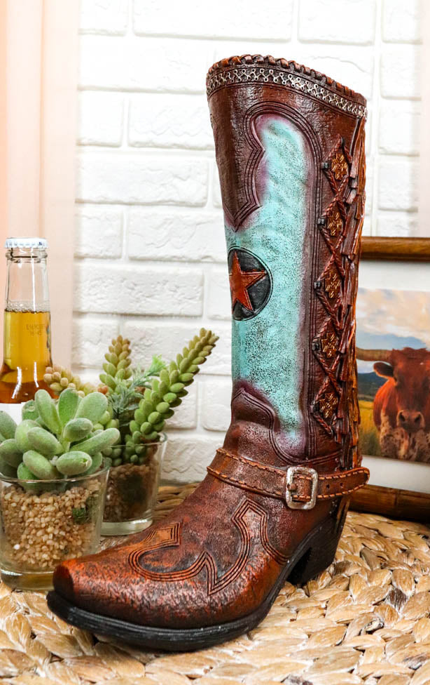 Rustic Country Faux Tooled Leather Western Lone Star Turquoise Cowboy Boot Vase