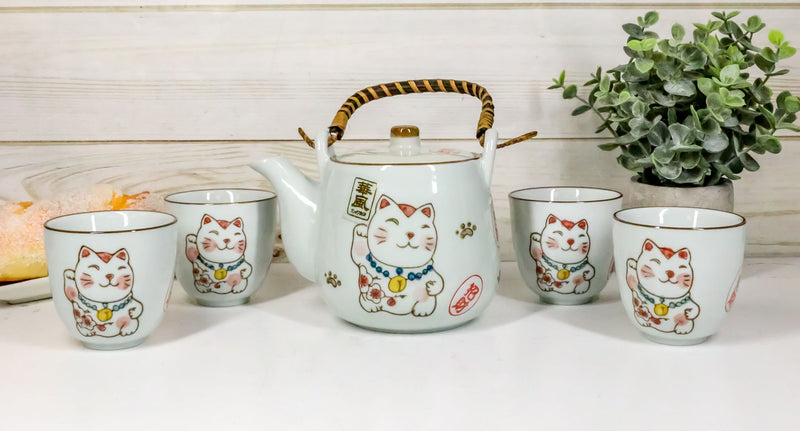 Japanese Maneki Neko Ceramic Tea Set Pot and Cups Lucky Charm Cat Serves 4