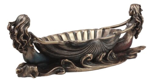 Ebros Coastal Decor Two Mermaids Soap Dish Figurine 9.75"Long Twin Mermaids With Oyster Shell Jewelry Dish