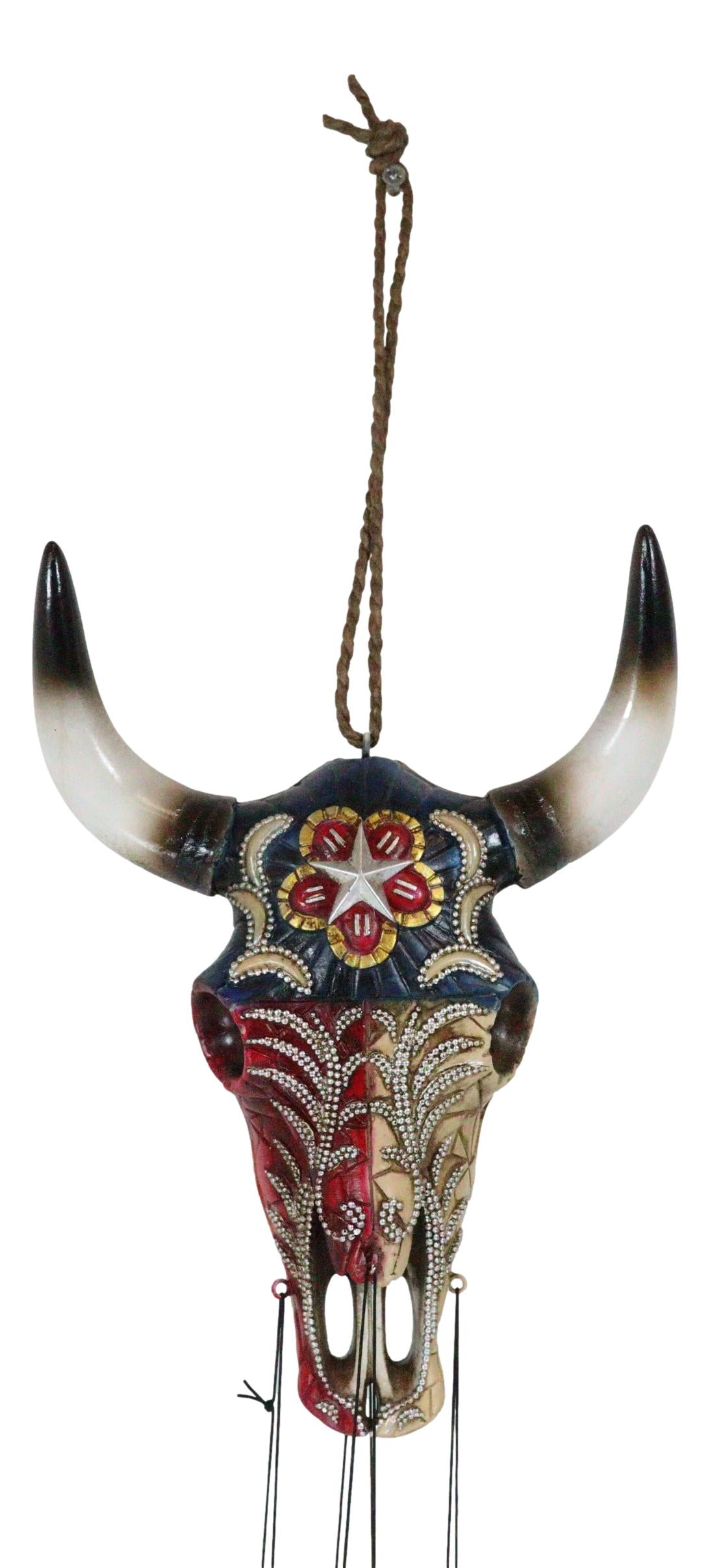 Rustic Western Star Colorful Texas Flag Floral Pattern Bull Cow Skull Wind Chime - Ebros Gift
