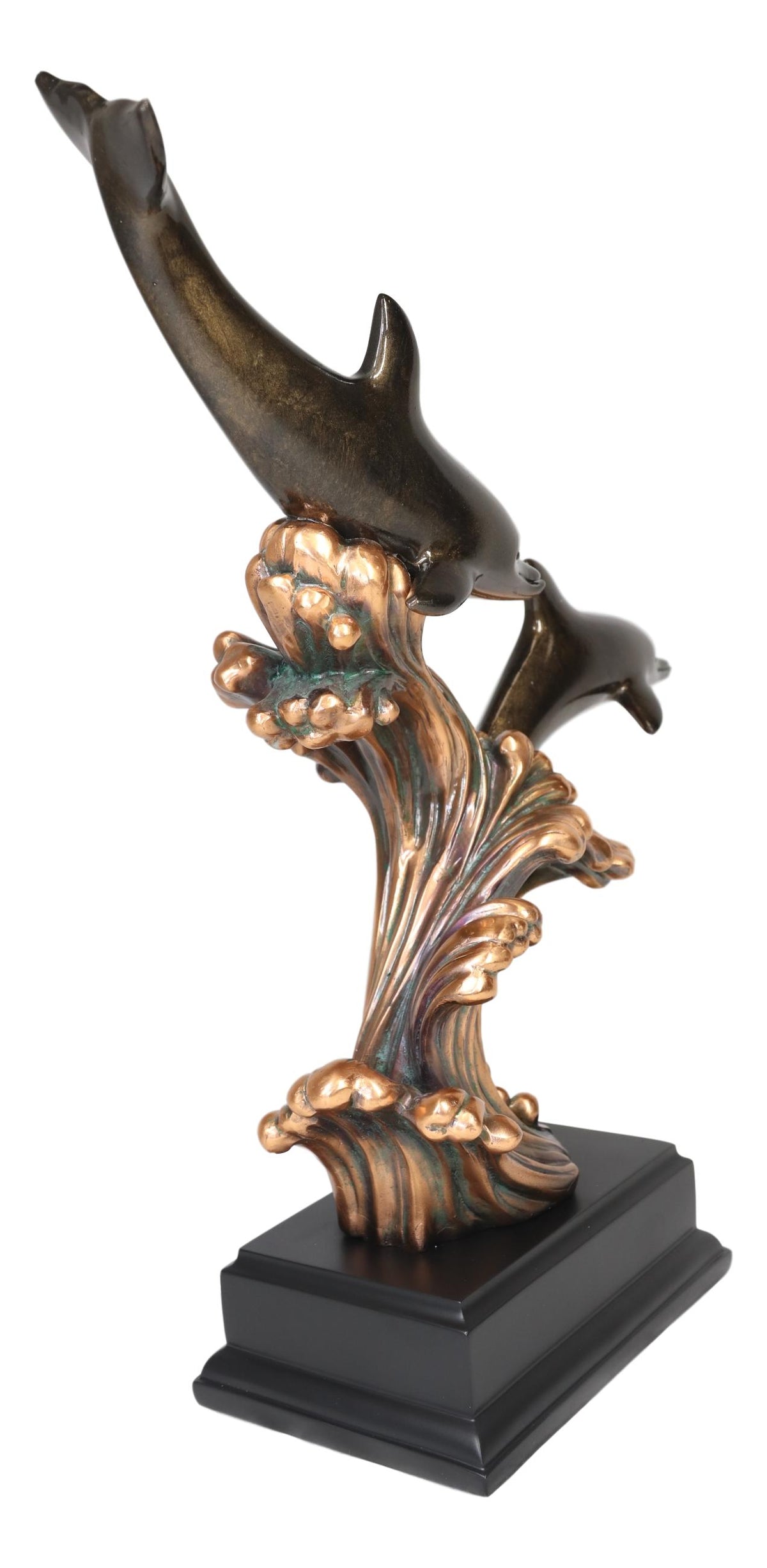 Ebros Nautical Marine 2 Dolphins Surfing Ocean Waves Electroplated Bronze Resin Statue - Ebros Gift