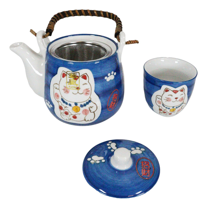 Ebros Japanese Maneki Neko Lucky Charm Cat Blue Tea Pot and Cups Set Serves 4 - Ebros Gift