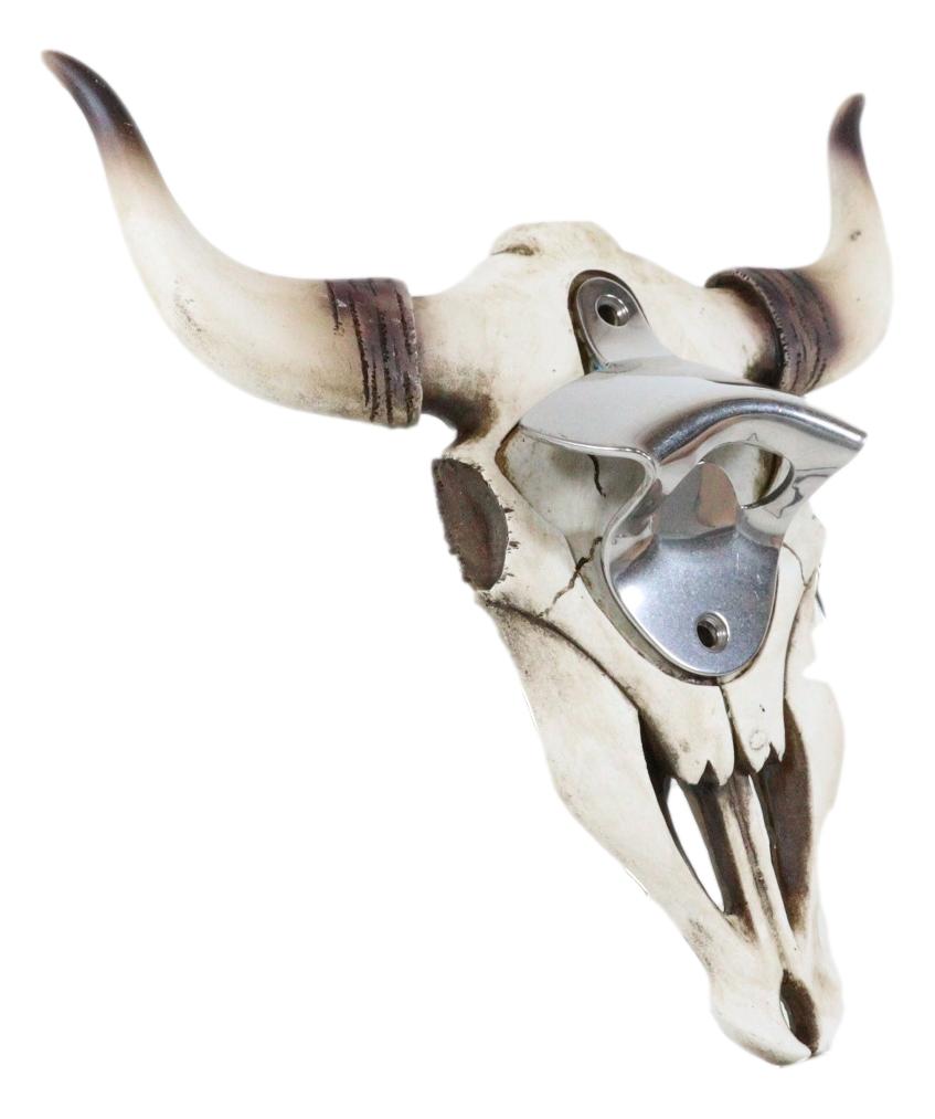 Rustic Western Horned Cow Skull Skeleton Wall Mounted Soda Beer Bottle Opener - Ebros Gift