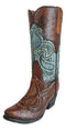 Western Boho Chic Turquoise Floral Lace Tooled Leather Cowboy Boot Flower Vase