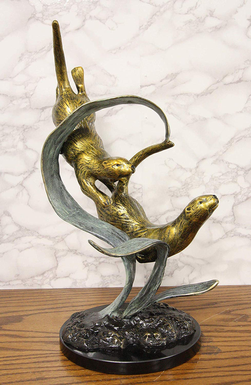 Ebros Solid Brass Large Nautical Pacific Ocean 2 Sea Otters Swimming By Giant Seaweeds Kelp Forest Statue On Marble Base 19"Tall Museum Gallery Quality Marine Weasel Otter Figurine Coastal Decorative