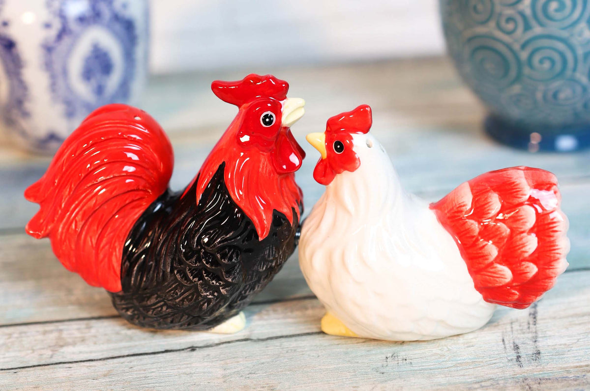 Ebros Chicken Black Rooster And White Hen Magnetic Salt And Pepper Shakers Set - Ebros Gift