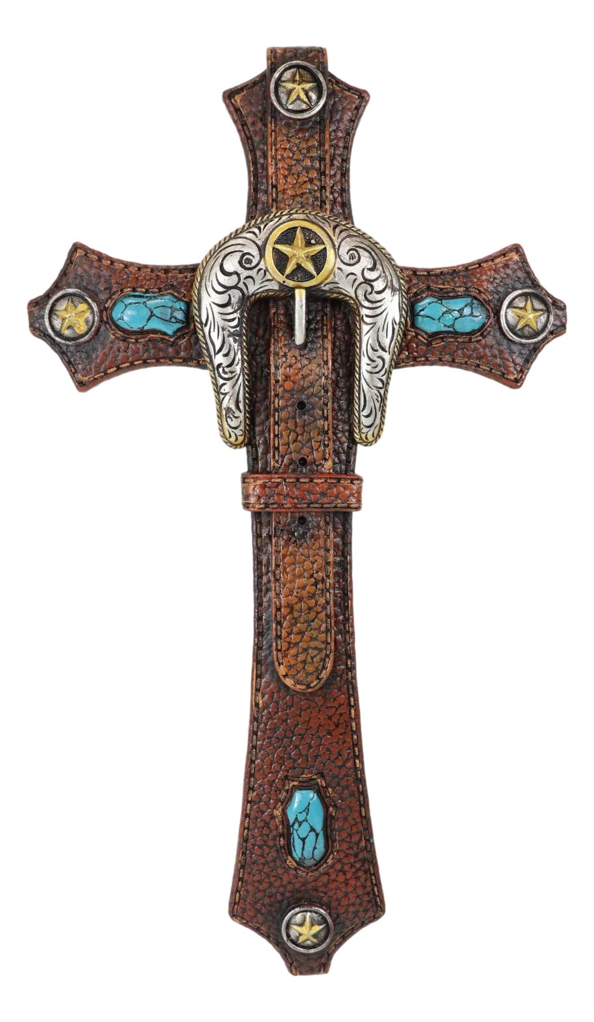 Set of 3 Rustic Western Turquoise Rocks Belt Buckle Conchos Wall Crosses Decor - Ebros Gift