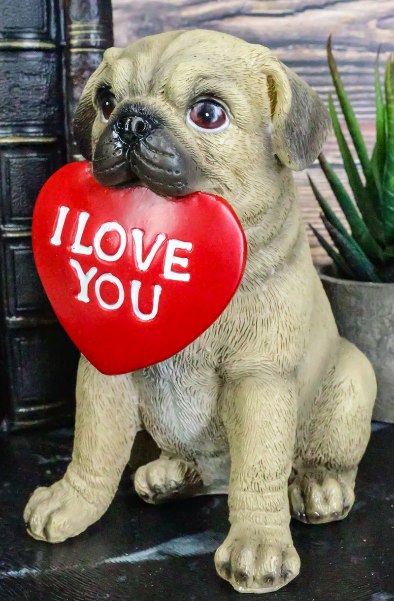 Adorable Pug Puppy Dog With Big Red Heart I Love You Sign Decorative Figurine