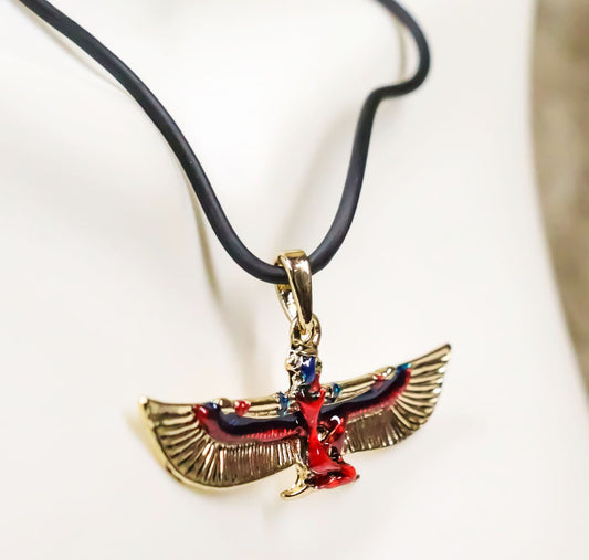 Egyptian Deity Golden Goddess Maat With Open Wings Amulet Pendant Necklace Decor - Ebros Gift