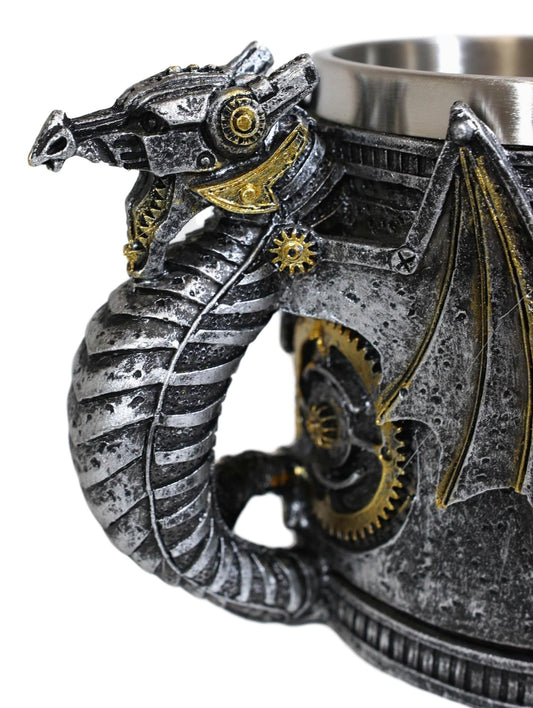 Silver Surfer Steampunk Cyborg Robotic Dragon Beer Stein Tankard Coffee Cup Mug - Ebros Gift