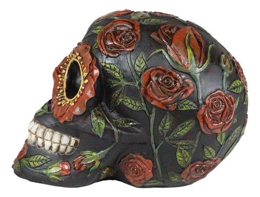 Gothic Day of The Dead Red Floral Roses With Green Foliage Skull Figurine