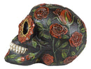 Gothic Day of The Dead Red Floral Roses With Green Foliage Skull Figurine