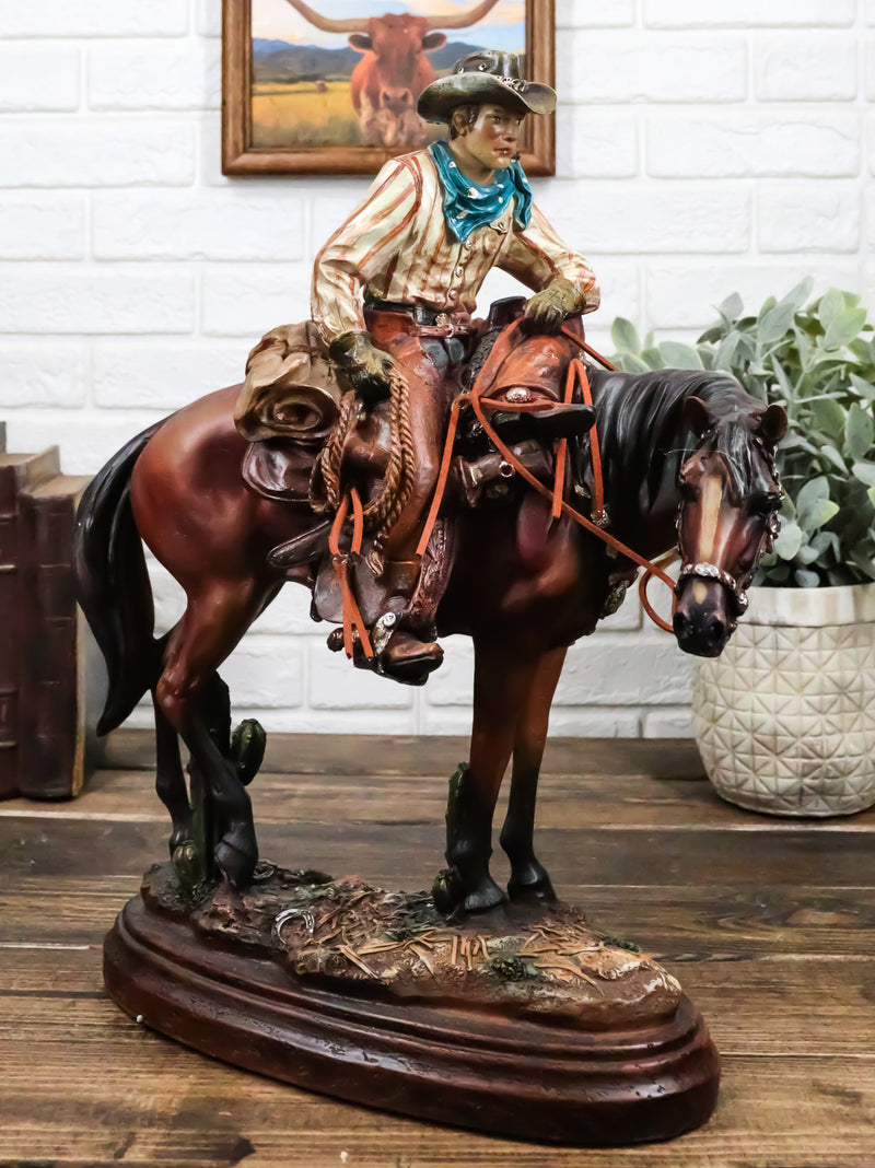 Western Desert Cowboy On Saddleback Brown Stallion Horse By Cactus Figurine