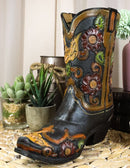 Rustic Western Faux Tooled Leather Cowboy Floral Blooms Boot Planter Vase Decor