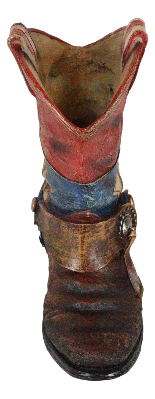 Rustic Western Star Texas Patriot Flag Cowboy Boot With Spur Floral Vase Planter