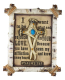 Rustic Faux Birchwood Turquoise Deer Antlers Cross Bible Verse Wall Decor Plaque
